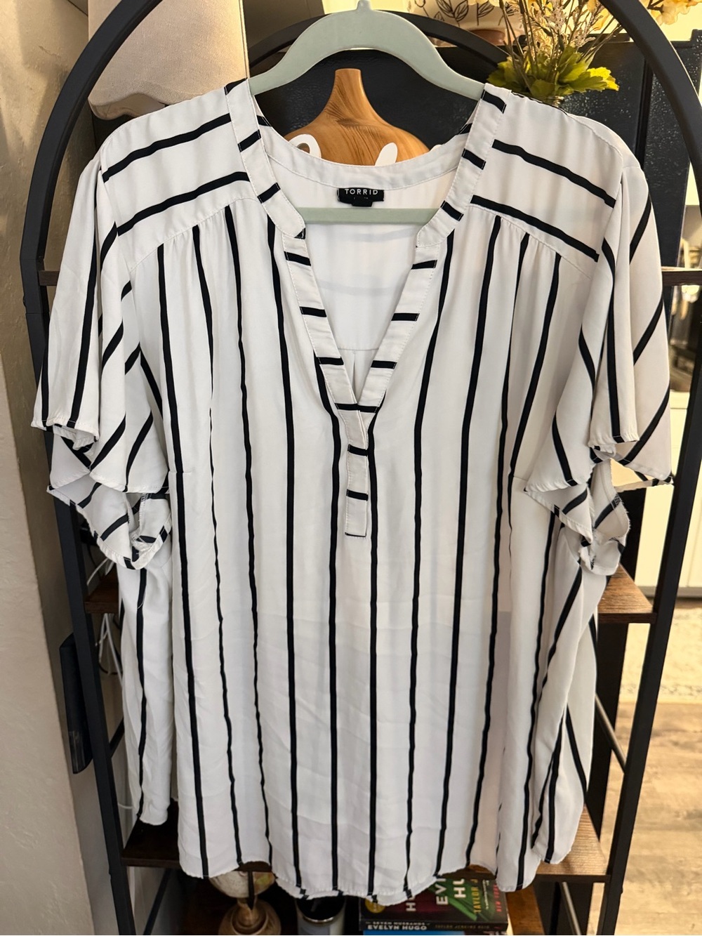 torrid White and Black Vertical Stripe Split-Neck Tunic
